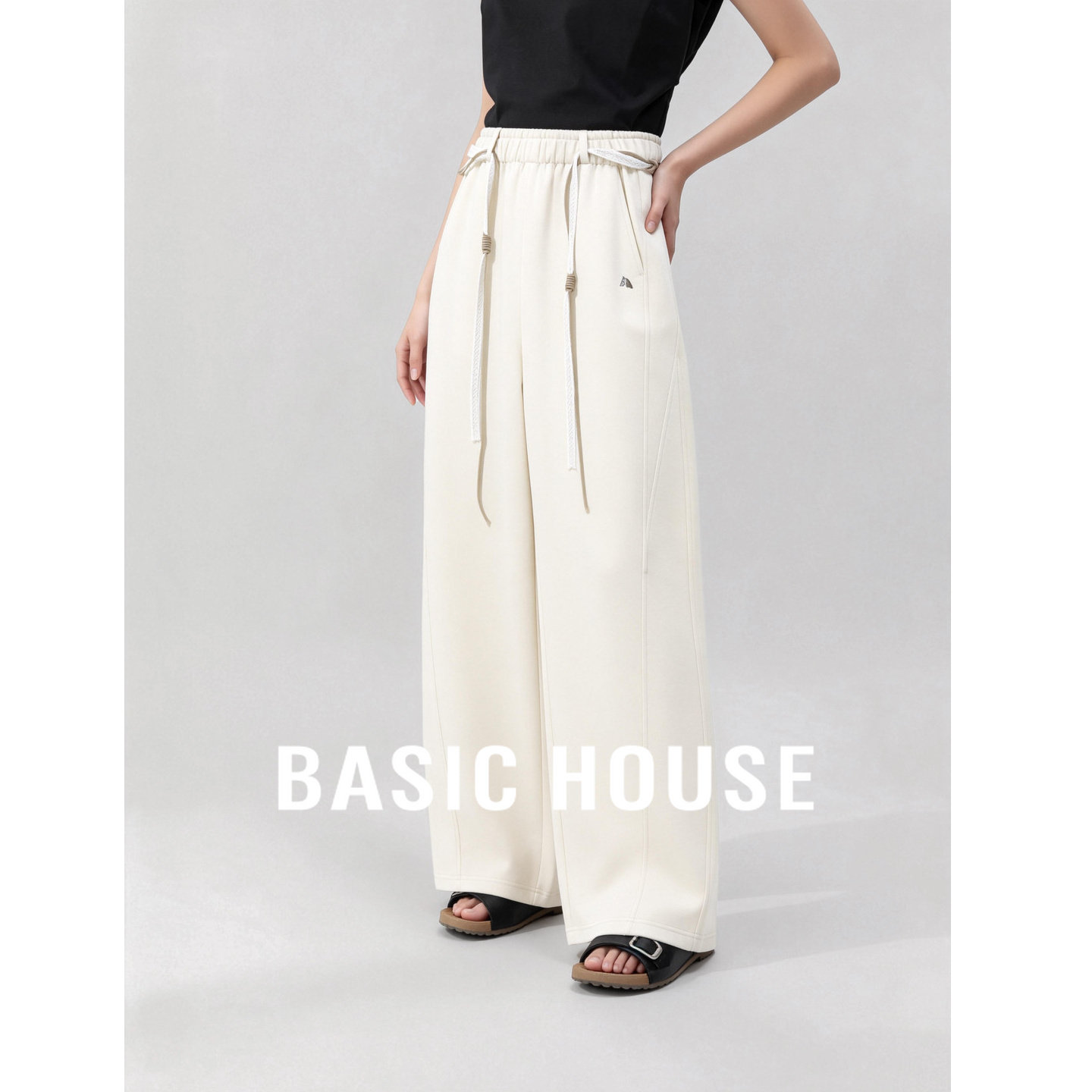 Basic House/百家好米白抽绳阔腿裤女春夏垂感休闲卫裤宽松运动裤