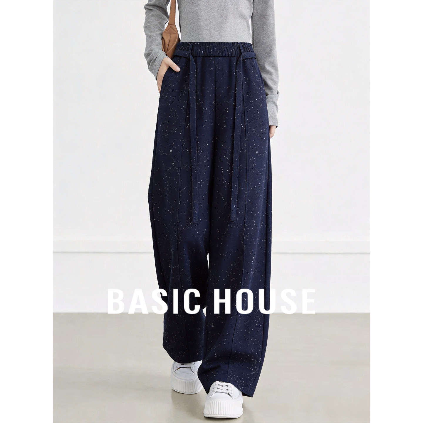 Basic House/百家好抽绳高腰阔腿卫裤女春夏慵懒风直筒垂感休闲裤