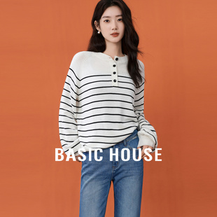 女圆领纽扣宽松套头毛衣 百家好韩系慵懒风条纹针织衫 Basic House