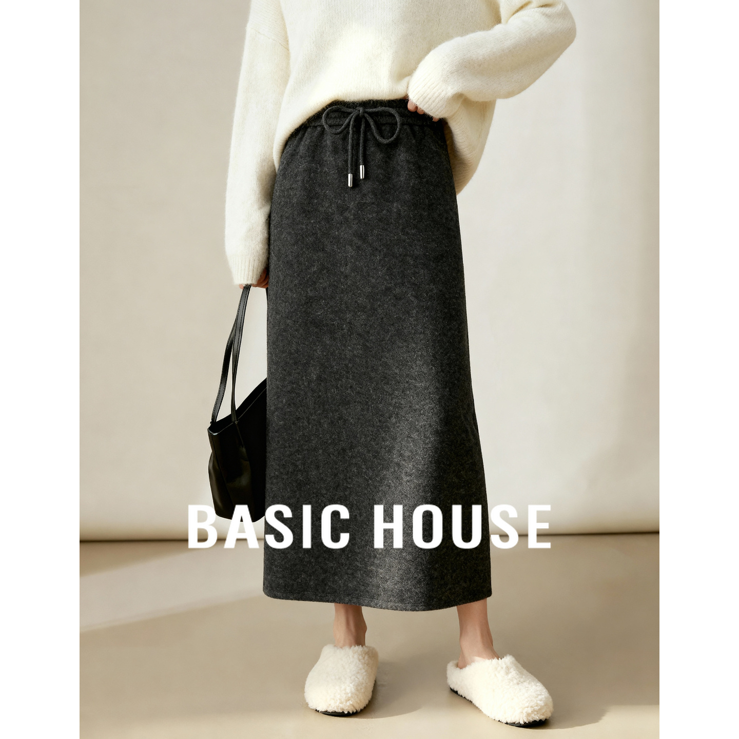 Basic House/百家好2025冬季新款A字半身裙女灰色抽绳中长款裙子