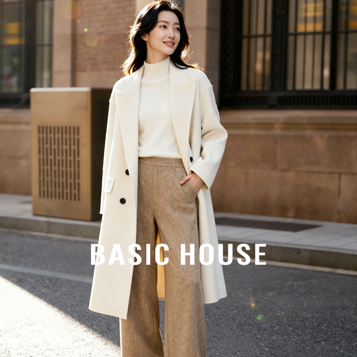 百家好复古翻领长款大衣女冬季新款韩系高级气质感双排扣毛呢外套