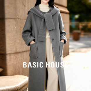 围巾领温柔气质通勤外套 百家好连帽双面呢大衣女长款 Basic House