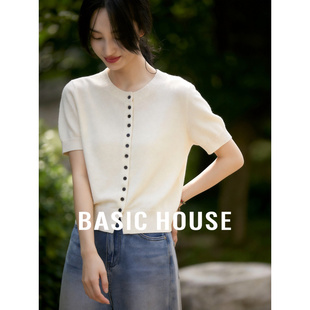 女夏米白色基础开衫 Basic 针织衫 百家好轻奢风圆领短袖 上衣 House