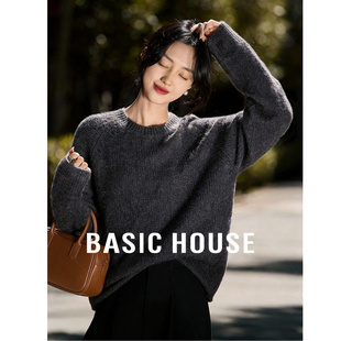 上衣 百家好绵羊毛100%圆领宽松针织毛衣女冬软糯长袖 Basic House