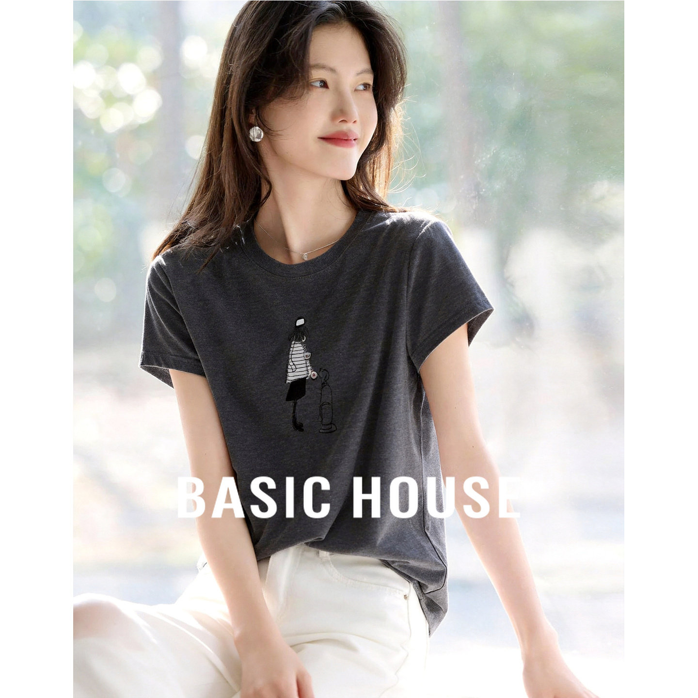Basic House/百家好深灰色提花针织T恤女夏宽松薄款透气短袖上衣