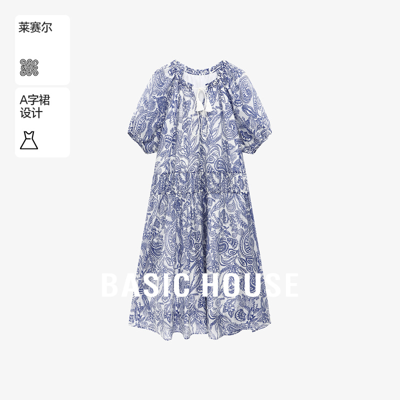 Basic House/百家好青花瓷印花设计感夏季新款拼接泡泡袖连衣长裙
