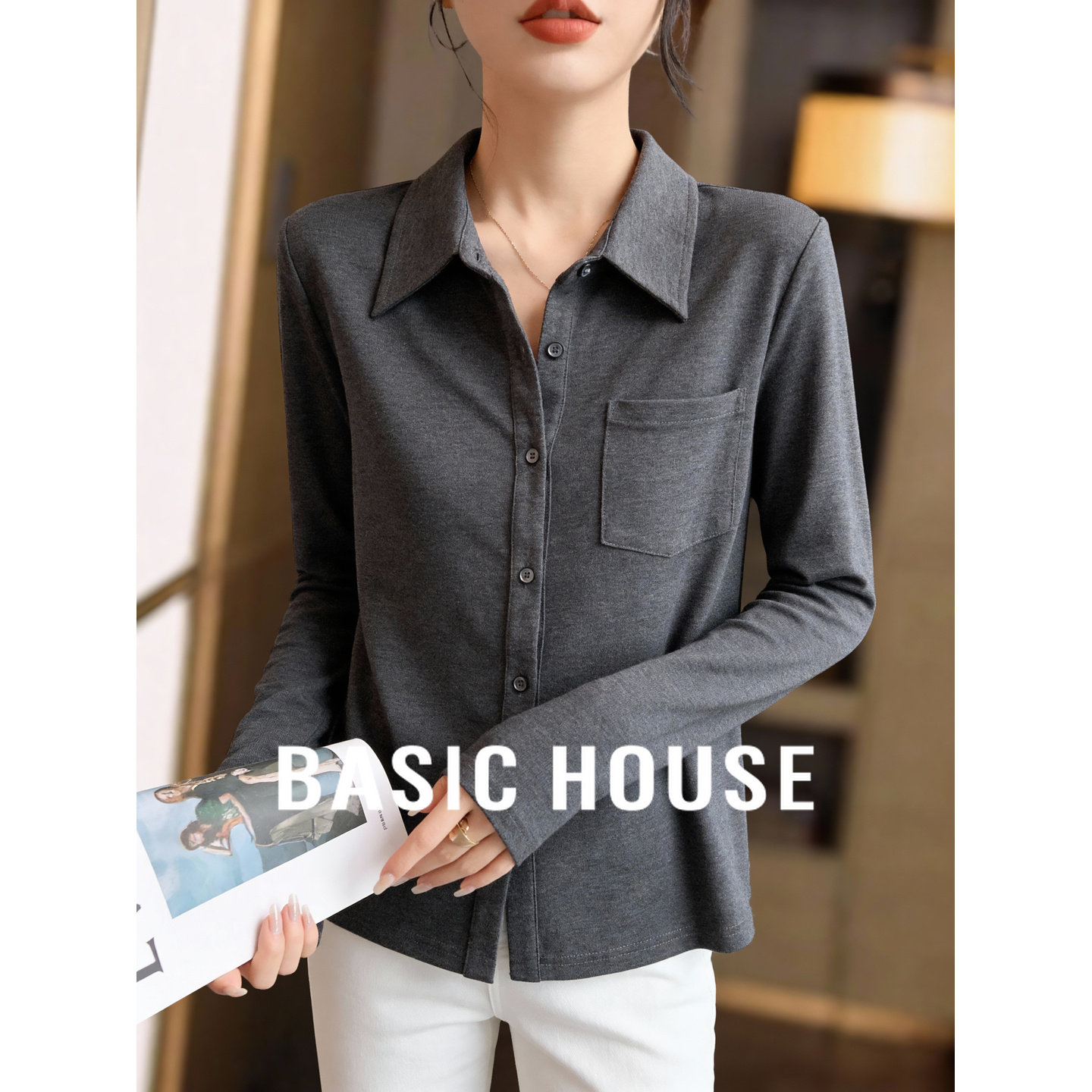 百家好简约灰色衬衫女士2026春季新款衬衣高级感百搭舒适长袖上衣