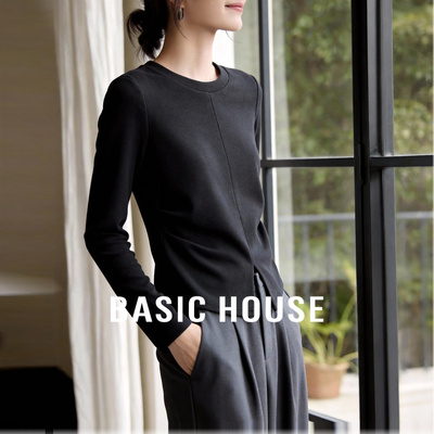 Basic House/百家好前襟分割下摆开叉春季新款修身捏褶显瘦T恤女