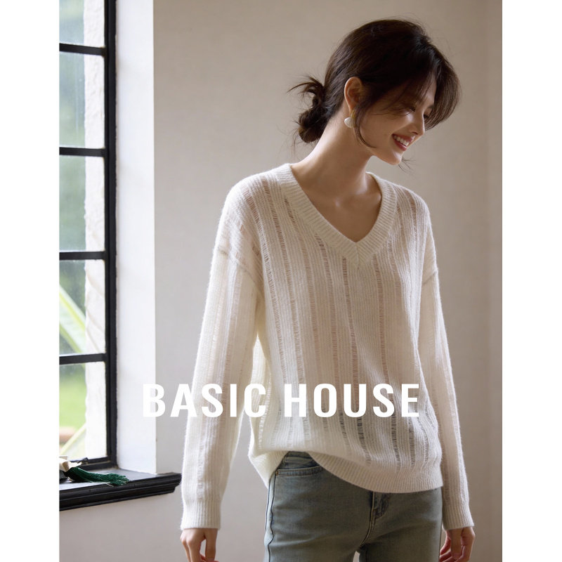 百家好羊驼毛慵懒镂空针织衫女春季新款绵羊毛高级感显瘦V领上衣