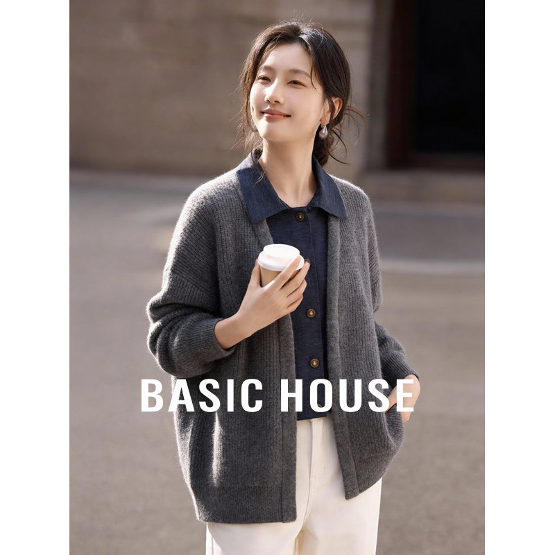 百家好假两件牛仔拼接针织开衫女士春季2026新款毛衣翻领上衣外套