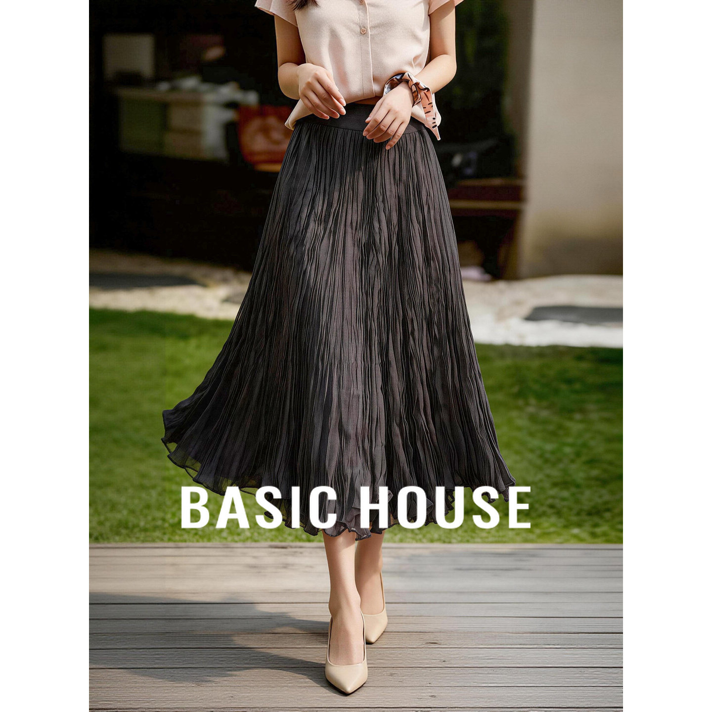 百家好温柔风白色褶皱半身裙女春季新款不规则大摆显瘦中长款纱裙