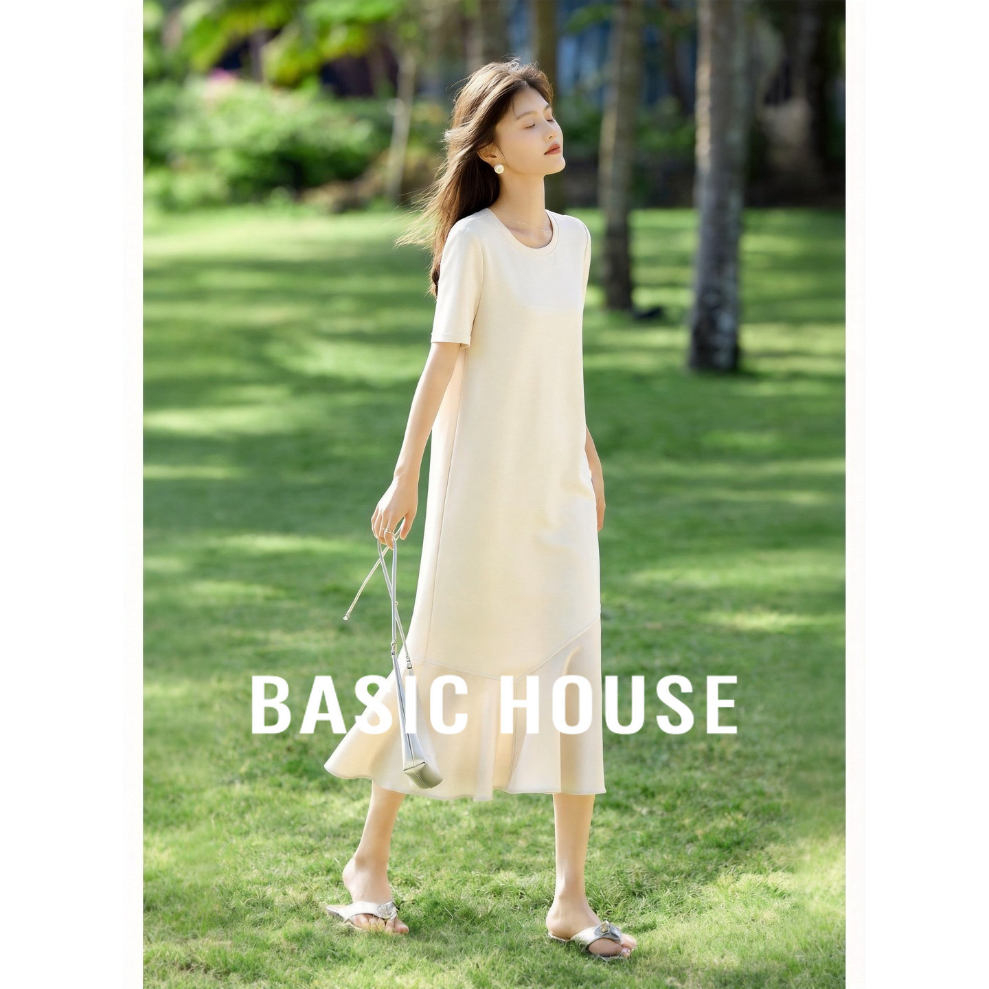 Basic House/百家好不规则拼接连衣裙2026春夏新款纯色短袖中长裙