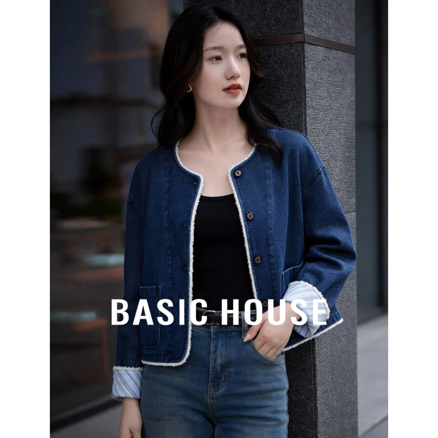 Basic House/百家好撞色拼接牛仔外套春季新款圆领毛边夹克上衣女,女装/女士精品,短外套,淘宝优惠券,粉丝福利购,淘宝优惠卷