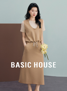 Basic House/百家好撞色假两件套装夏短袖上衣抽绳半身长裙两件套