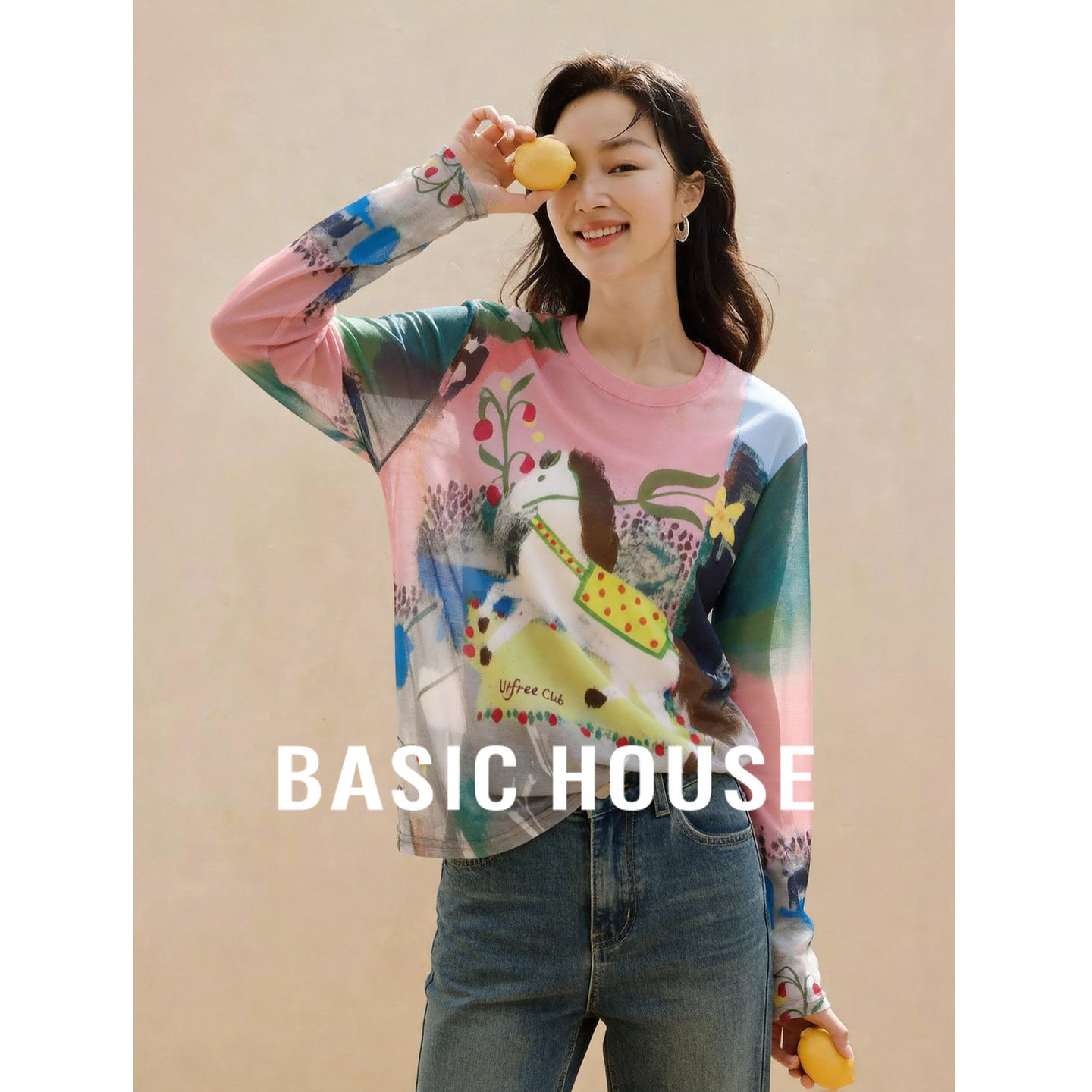Basic House/百家好纸片人T恤减龄薄款上衣女夏圆领长袖防晒上衣