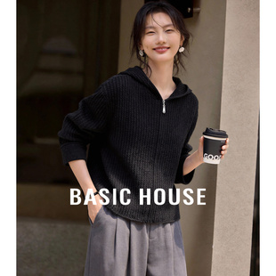 Basic House/百家好米色连帽开衫上衣2026春季休闲绵羊毛短款毛衣