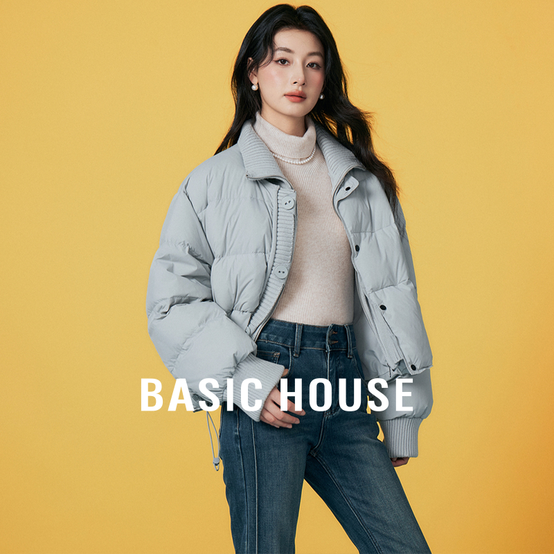 Basic House/百家好立领短款羽绒服女款冬季新款白鸭绒小个子外套