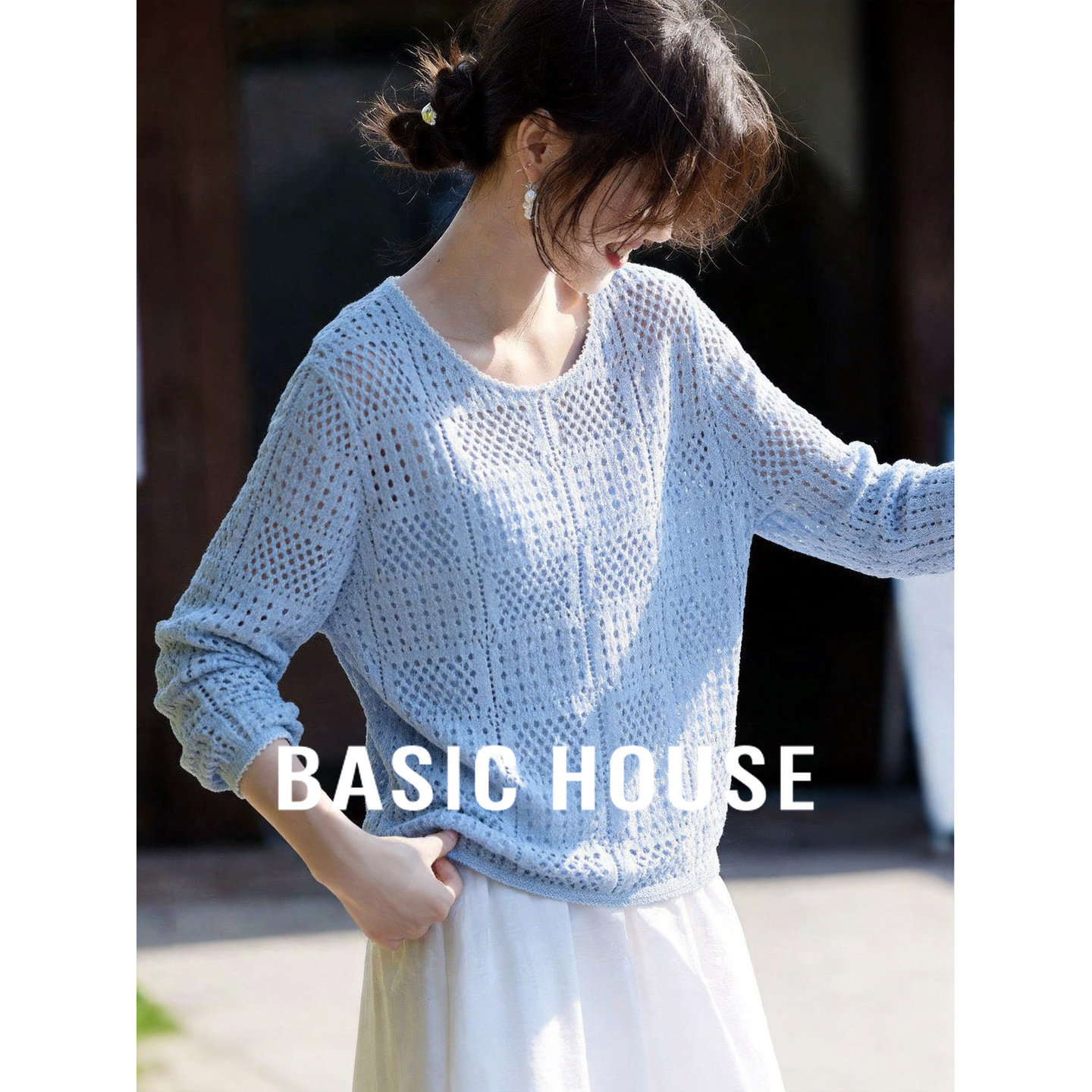 Basic House/百家好慵懒风镂空针织衫女长袖宽松罩衫蓝色薄款上衣