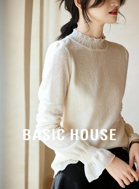 Basic House/百家好花边喇叭袖白色针织打底衫女冬新款叠穿内搭