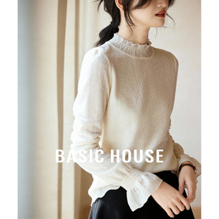 Basic House/百家好花边喇叭袖白色打底衫女2026春季新款内搭上衣