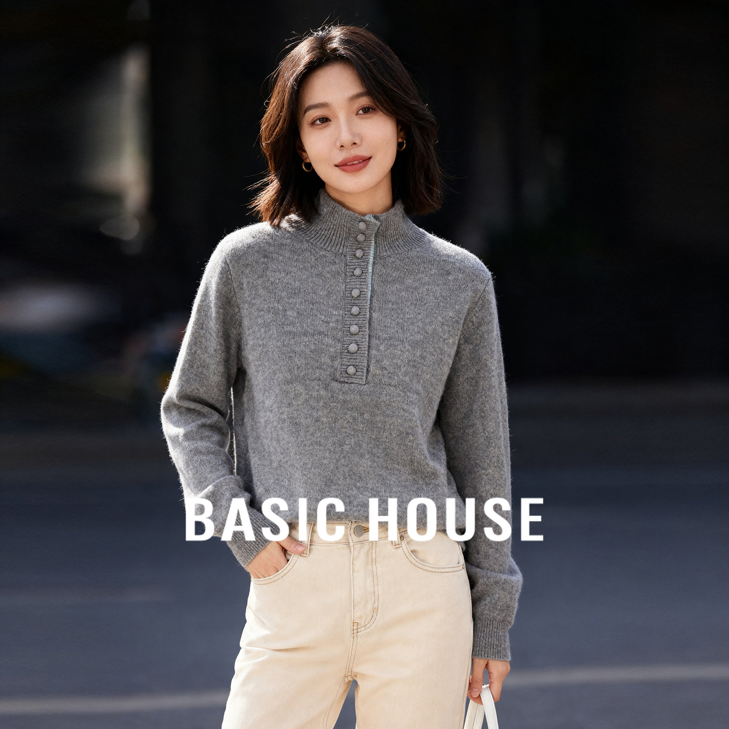Basic House/百家好半开领毛衣25秋冬纽扣装饰宽松慵懒风套头上衣