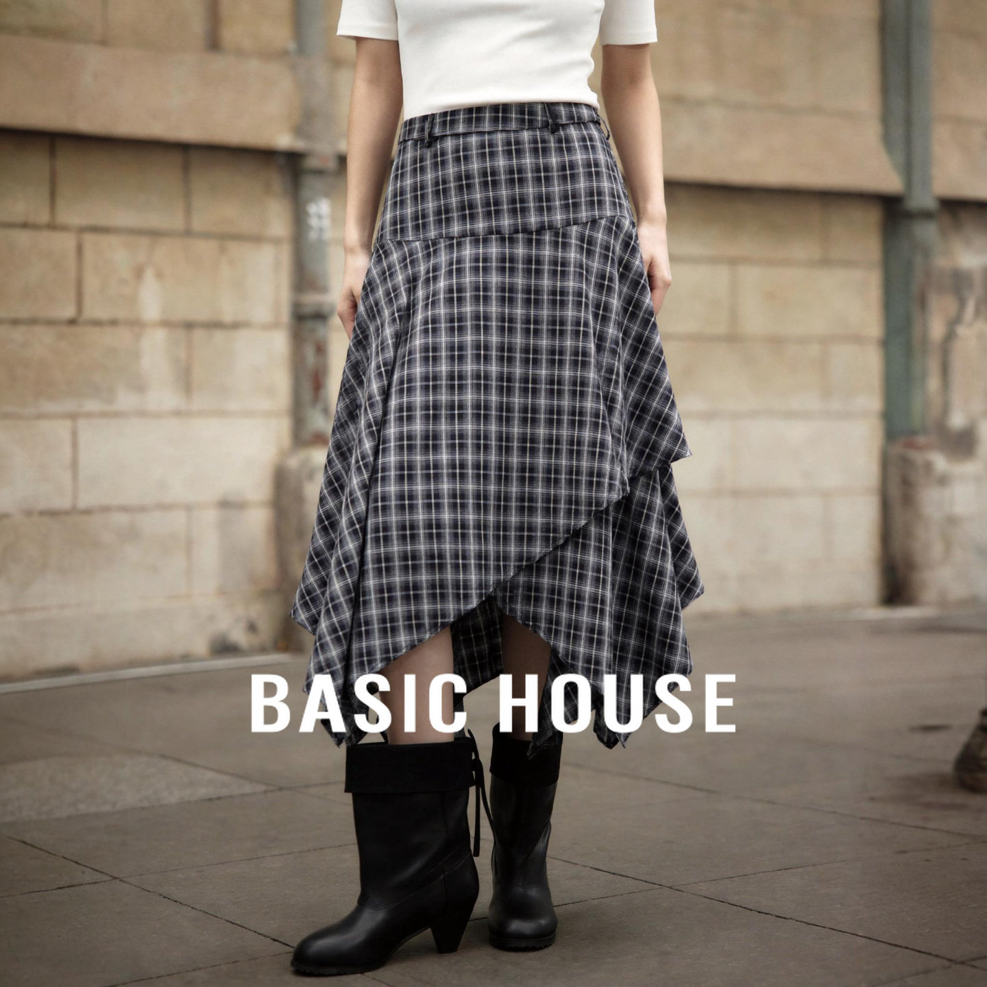 Basic House/不规则下摆半身裙女夏季高腰显瘦百搭设计感中长裙