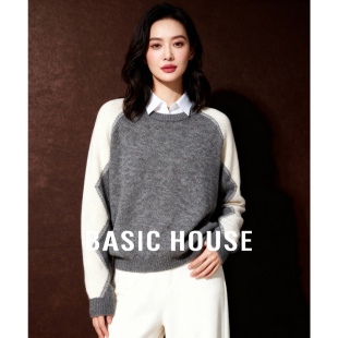 上衣 百家好圆领撞色波浪拼接毛衣不规则绵羊毛插肩袖 Basic House
