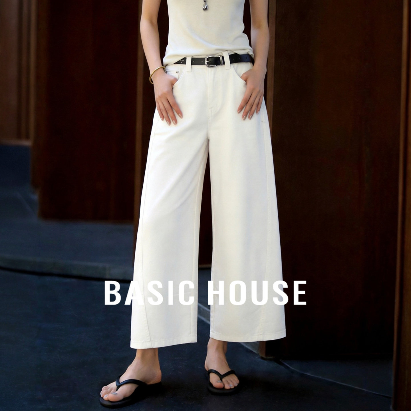 Basic House/百家好白色高腰阔腿牛仔裤女夏季休闲百搭显瘦九分裤