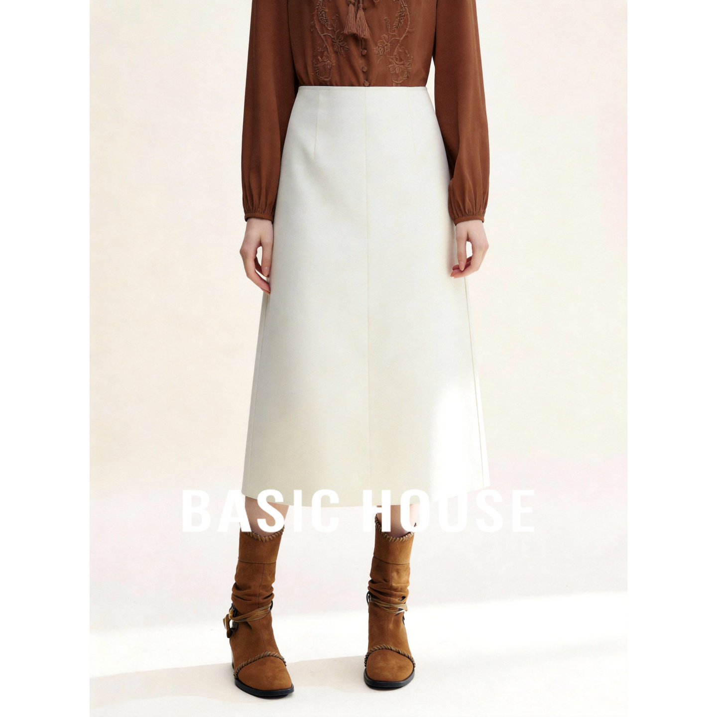 Basic House/百家好白色后开叉直筒裙2026春季优雅百搭半身西装裙