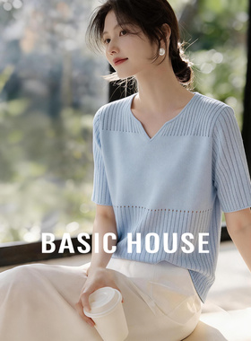 Basic House/百家好蓝色V领镂空短袖针织衫春夏新款轻薄宽松上衣