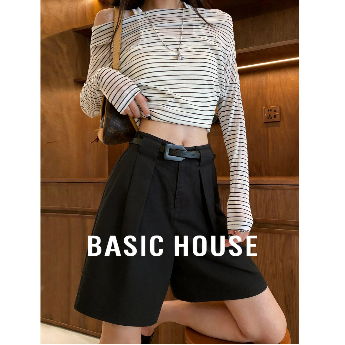 Basic House/百家好老钱风高腰西装短裤女宽松莱赛尔五分裤休闲裤