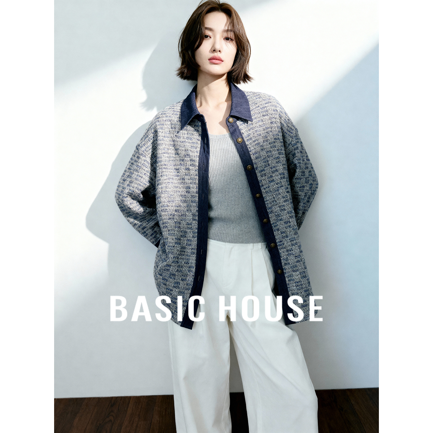 Basic House/百家好牛仔拼接小香风衬衫外套秋冬新款设计感上衣女