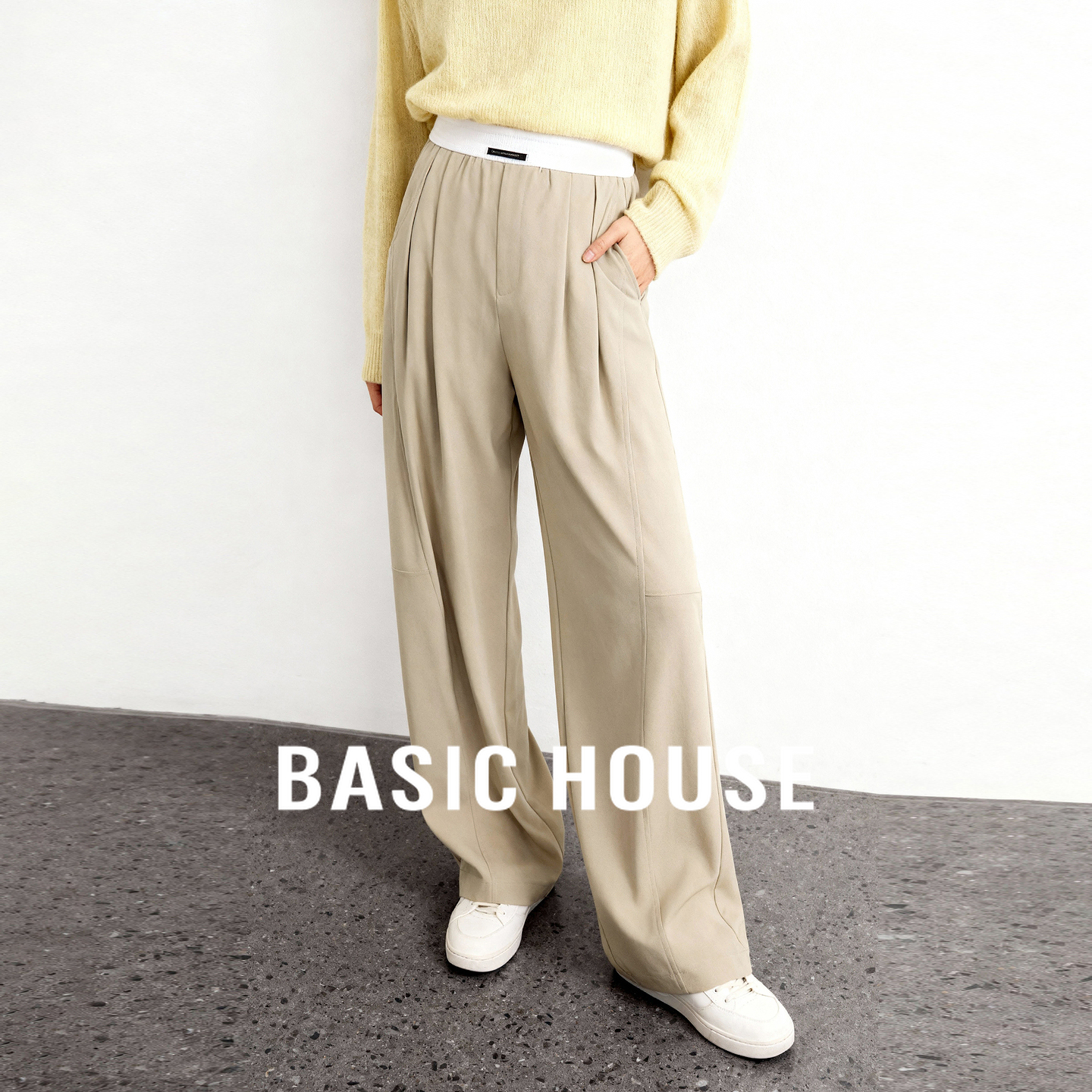 Basic House/百家好秋季高腰撞色长裤女设计感宽松阔腿休闲香蕉裤