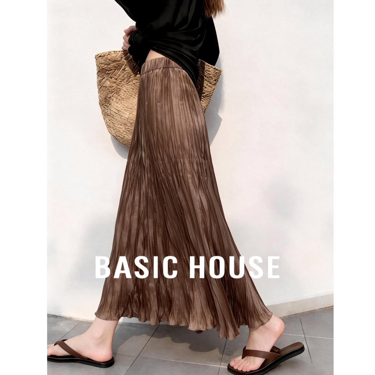 Basic House/百家好流光压褶高级感半身裙女2026宽松垂感中长伞裙