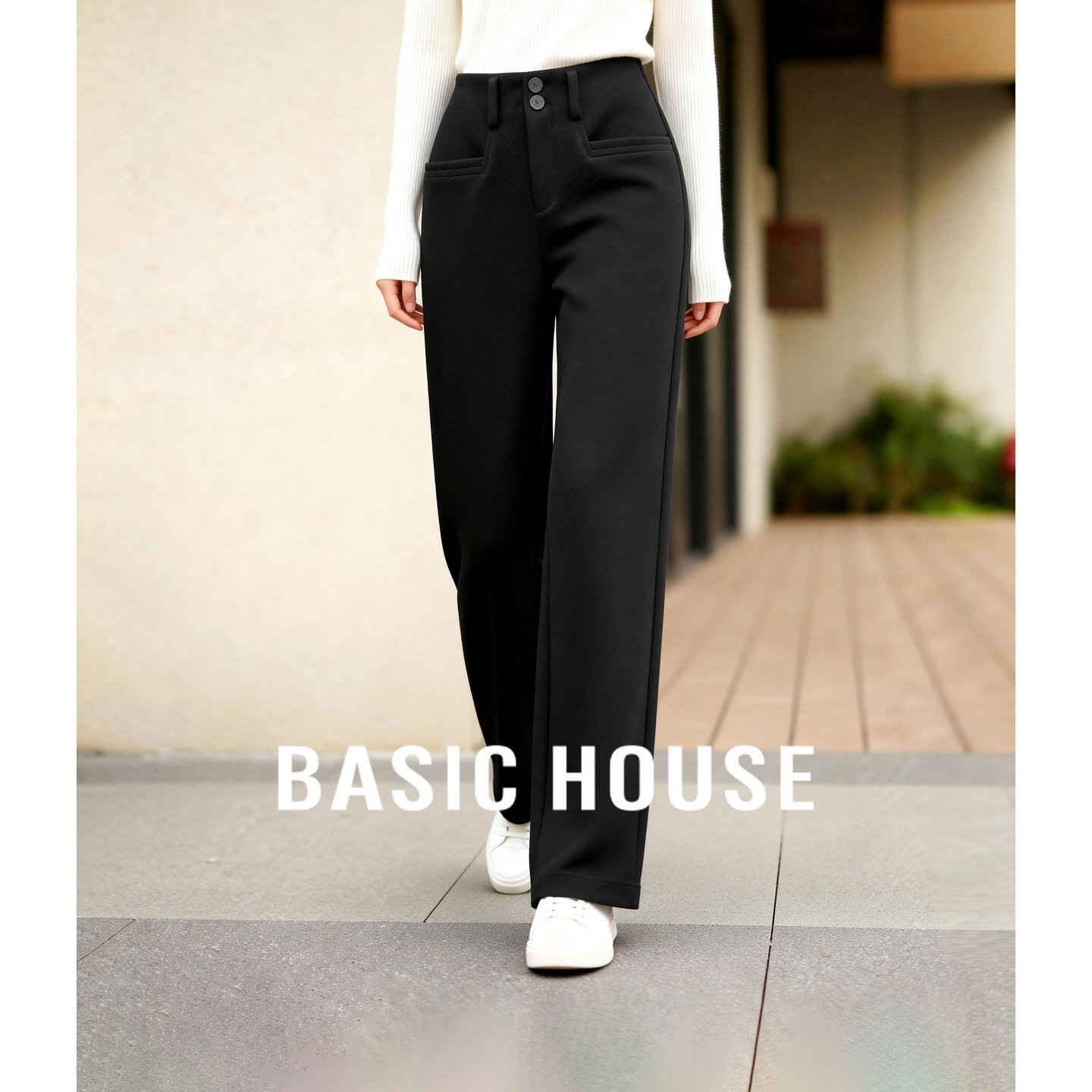 Basic House/百家好高腰简约休闲直筒西装裤女冬宽松垂感阔腿长裤