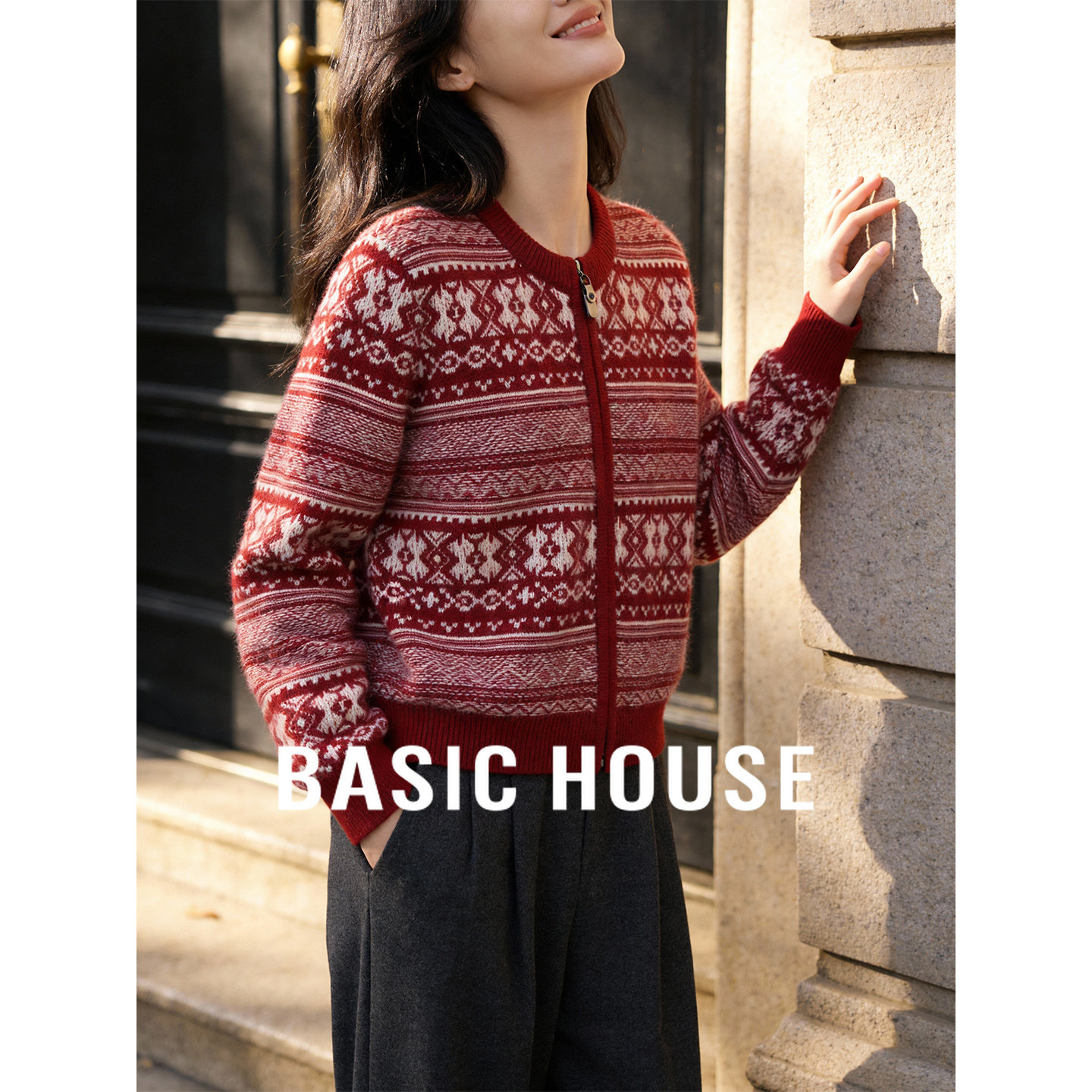 Basic House/百家好费尔岛红色毛衣开衫女冬季新款保暖百搭上衣,女装/女士精品,毛衣,淘宝优惠券,粉丝福利购,淘宝优惠卷