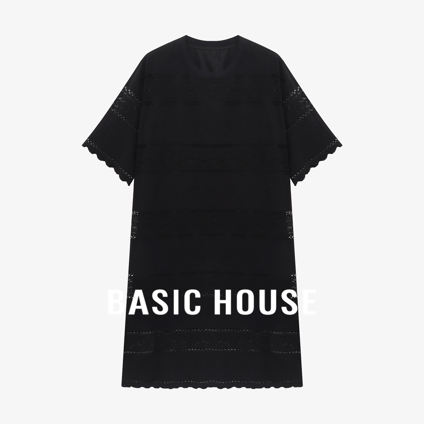 Basic House/百家好蕾丝拼接镂空连衣裙女夏季新款黑色中长款裙子