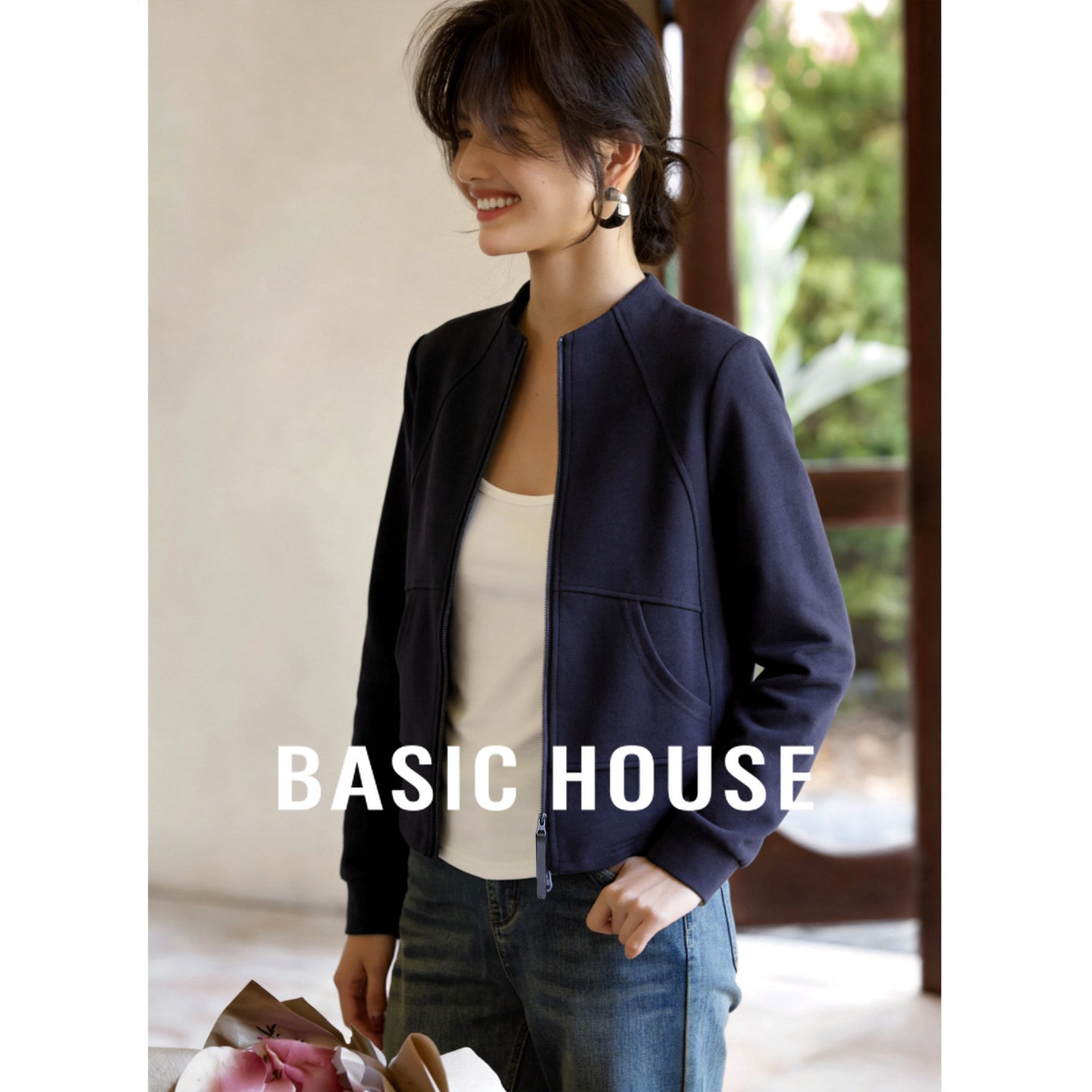 Basic House/百家好纯色拉链卫衣女2026春季宽松立领开衫短款外套