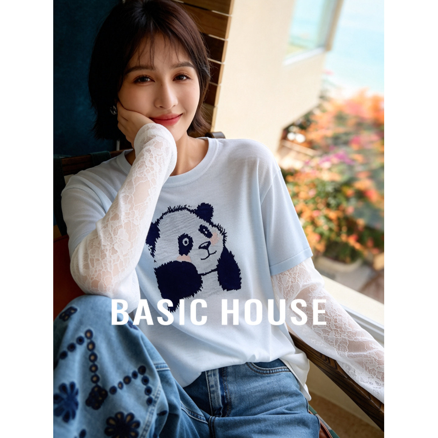 Basic House/百家好熊猫提花假两件针织衫女薄款宽松长袖防晒T恤