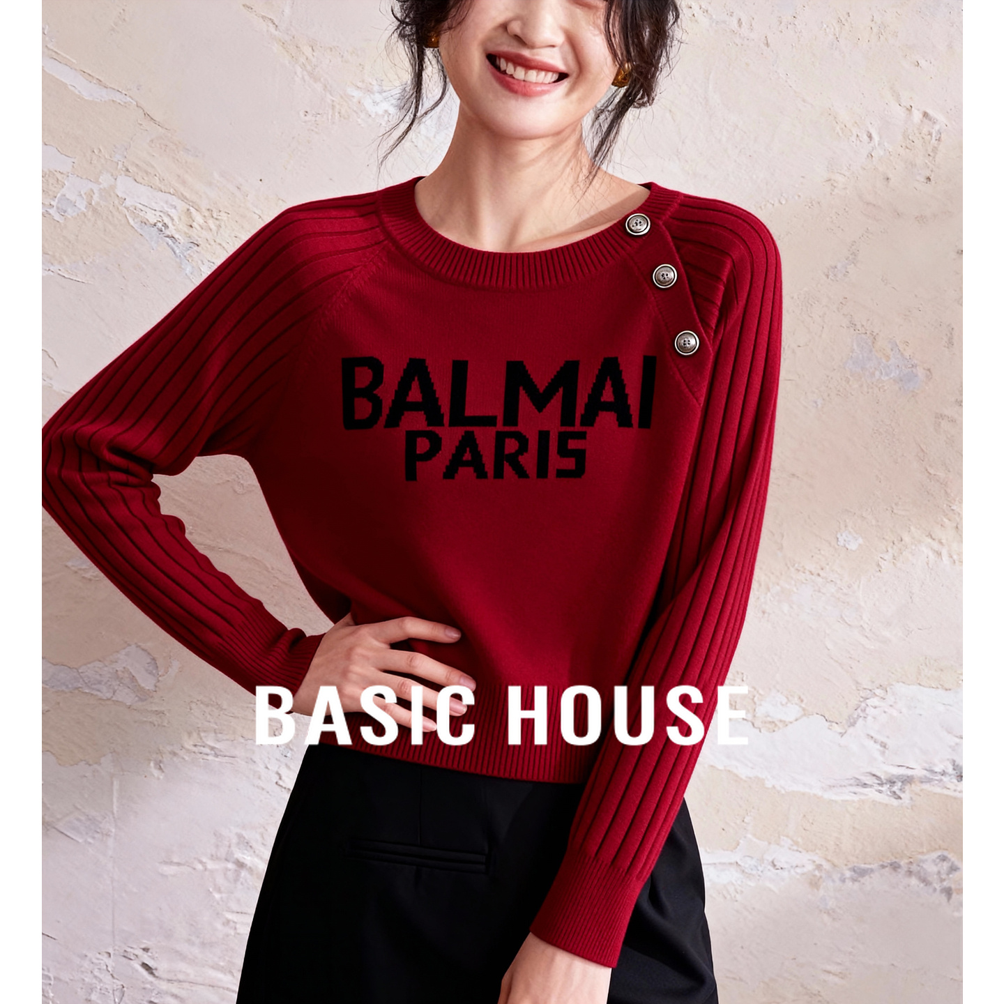 百家好撞色字母肩部纽扣设计针织上衣女冬季新款宽松显瘦圣诞毛衣