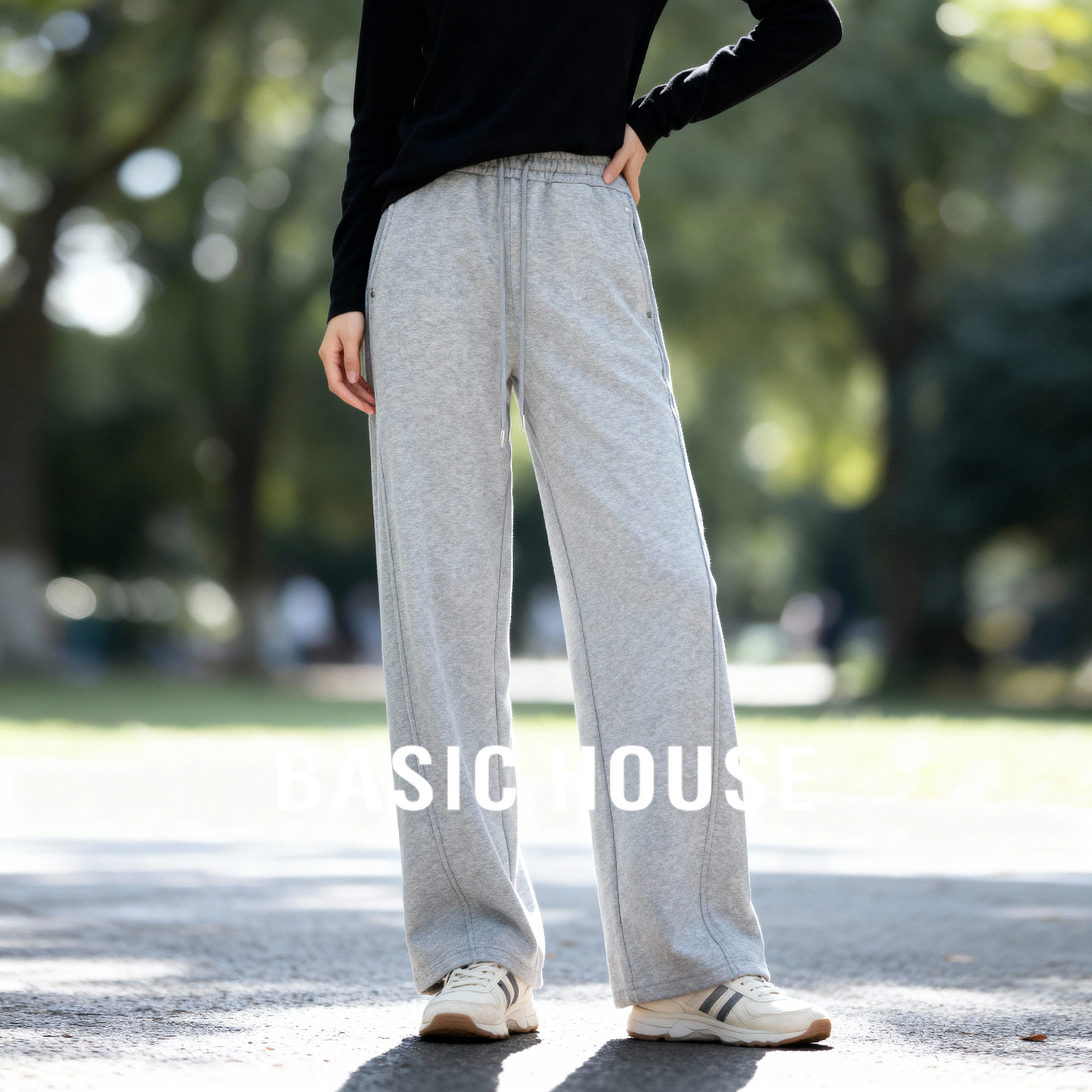 Basic House/百家好加绒抽绳休闲裤女25冬季宽松休闲运动阔腿裤子