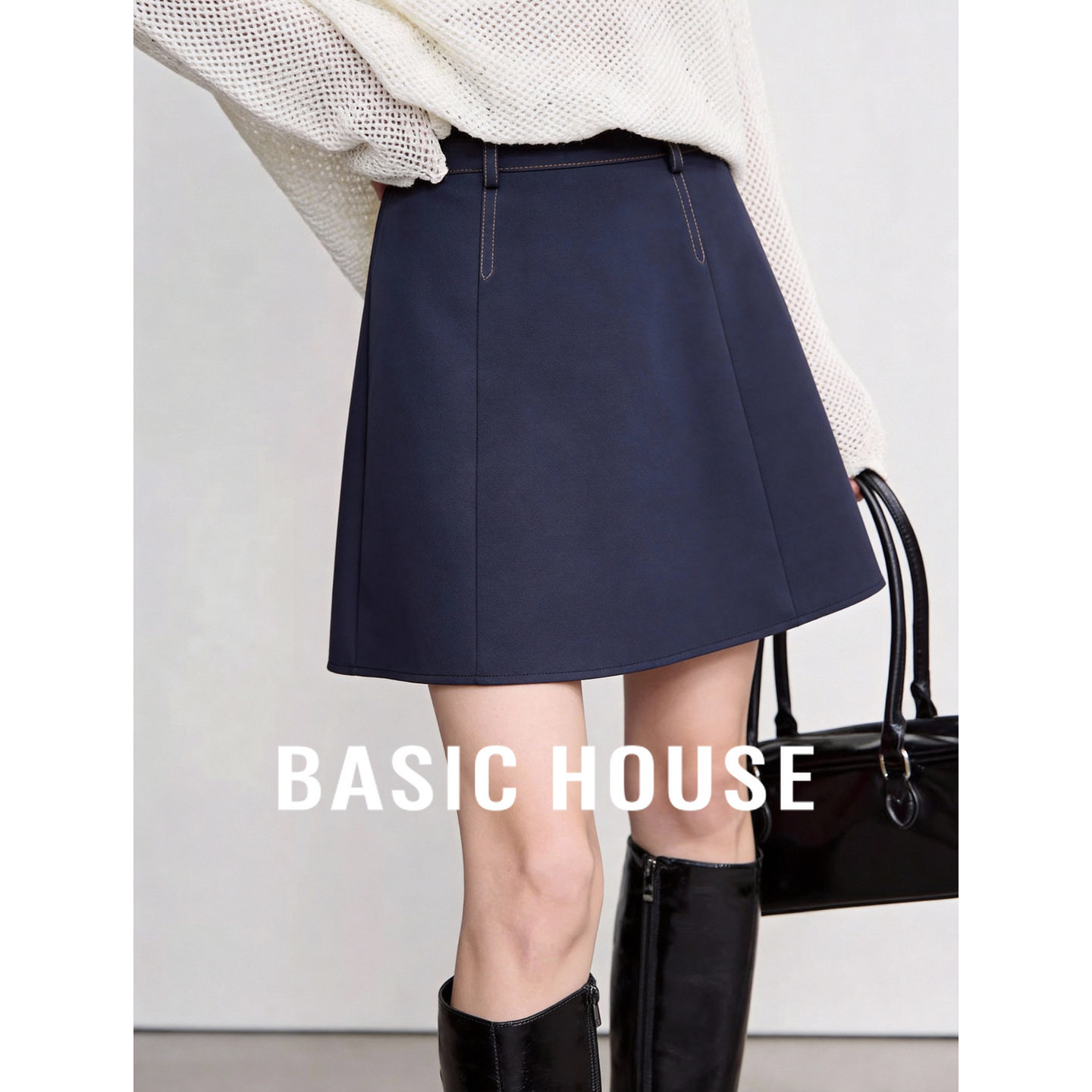 Basic House/百家好藏青色高腰A字短裙女通勤百搭显瘦西装半身裙