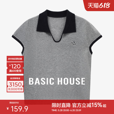 Basic House/百家好夏季新款撞色翻领设计感休闲简约短袖针织衫女