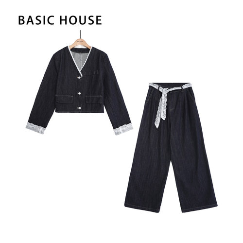 Basic House/百家好显瘦气质感长袖高腰时尚休闲复古收腰二件套女