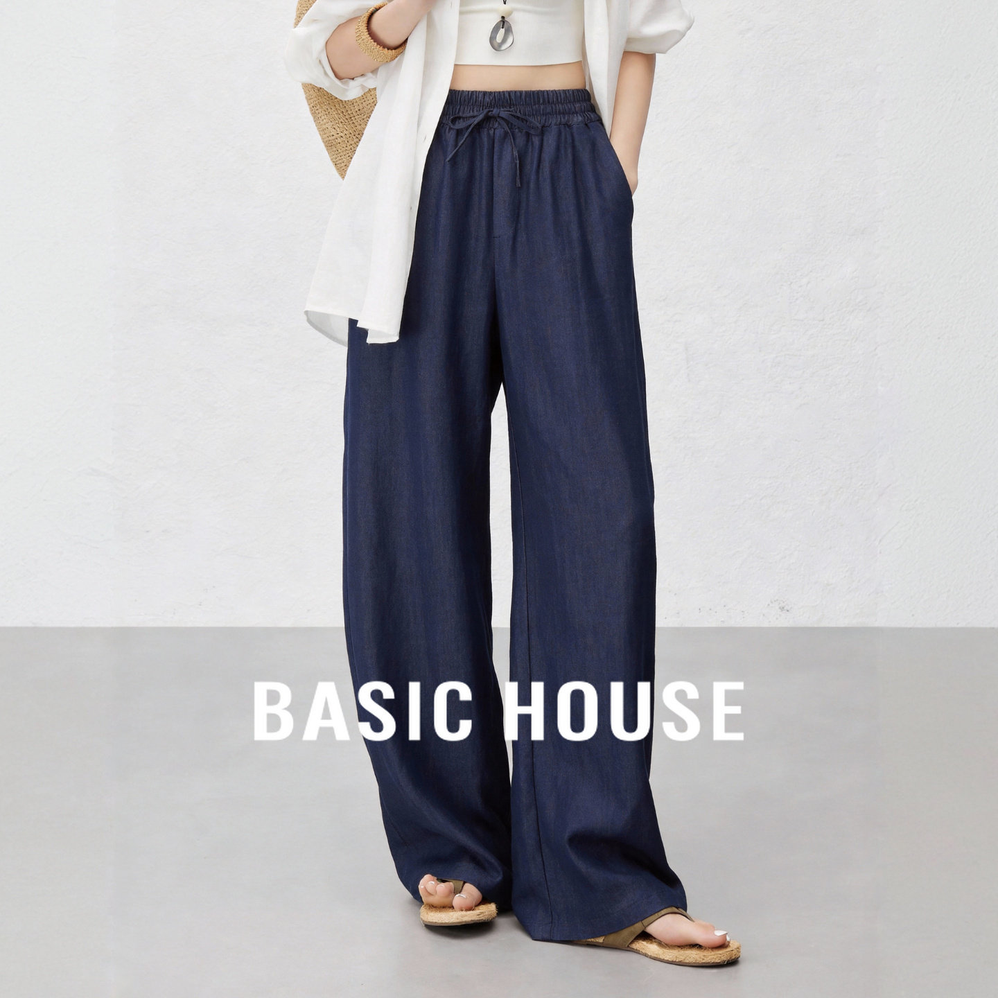 Basic House/百家好通勤简约风直筒裤女高腰抽绳宽松垂感休闲裤