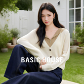 Basic 韩系慵懒风拼接假两件连帽套头针织衫 House 百家好秋冬新款