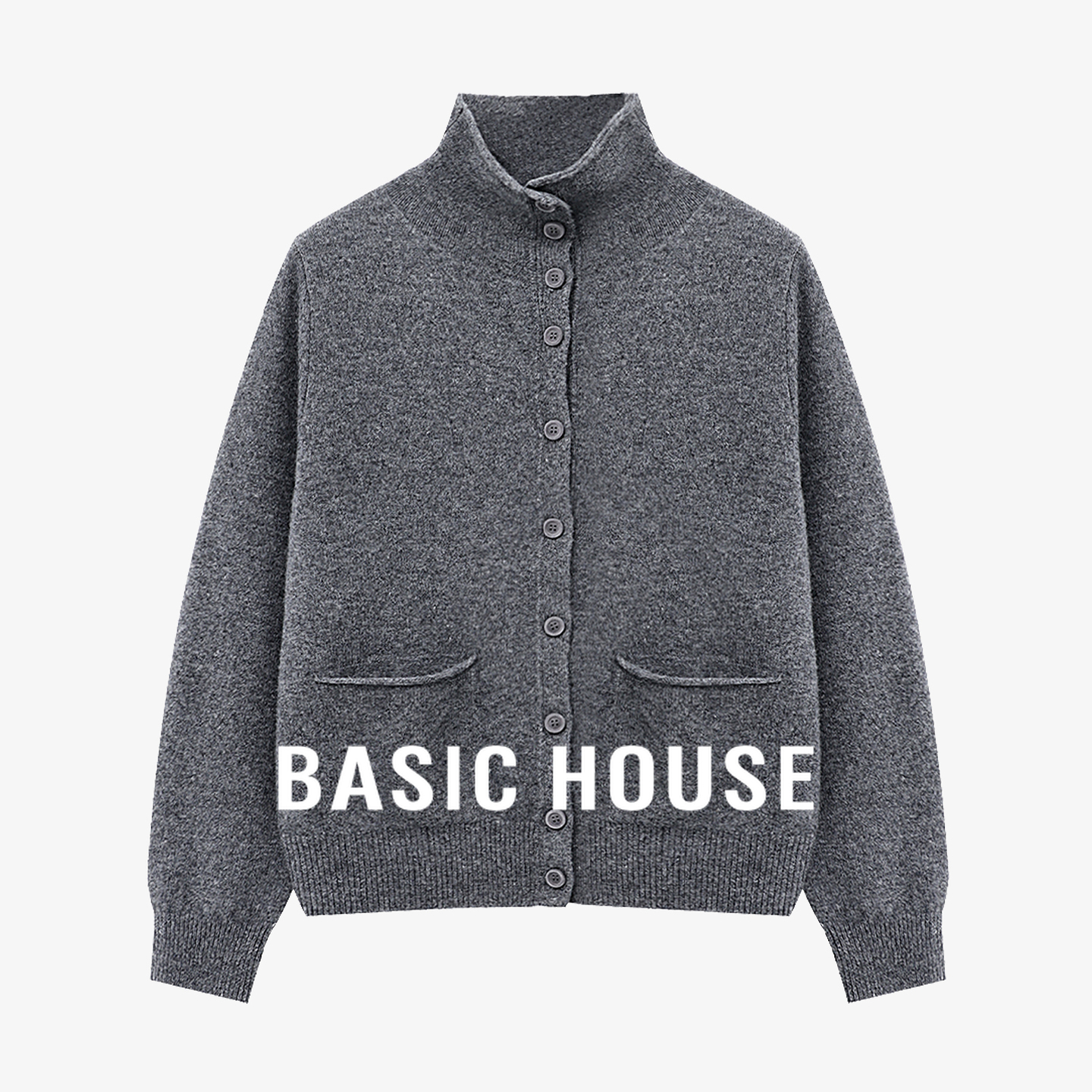 Basic House/百家好灰色立领单排扣毛衣冬新款慵懒绵羊毛开衫上衣