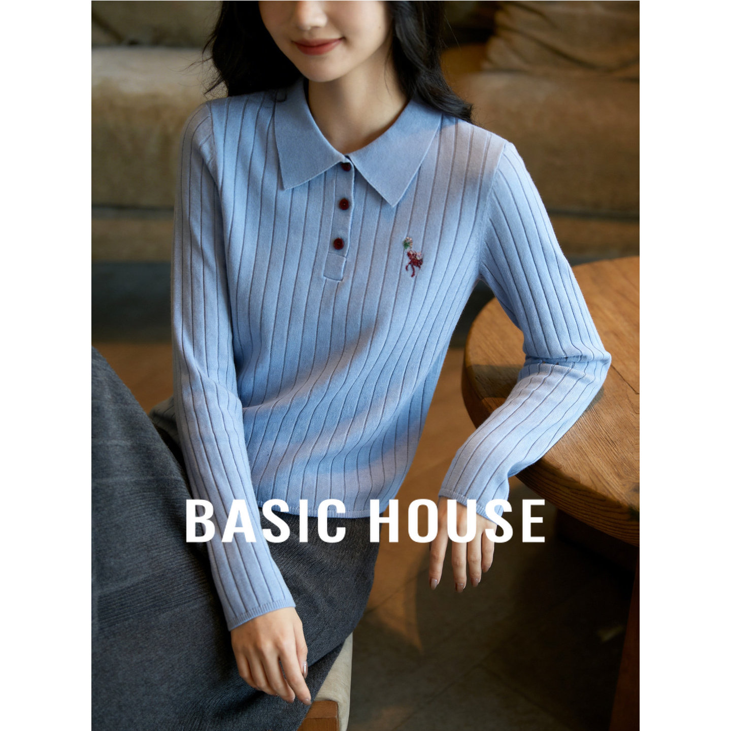 百家好坑条Polo领针织衫女春季新款修身显瘦减龄刺绣长袖打底上衣