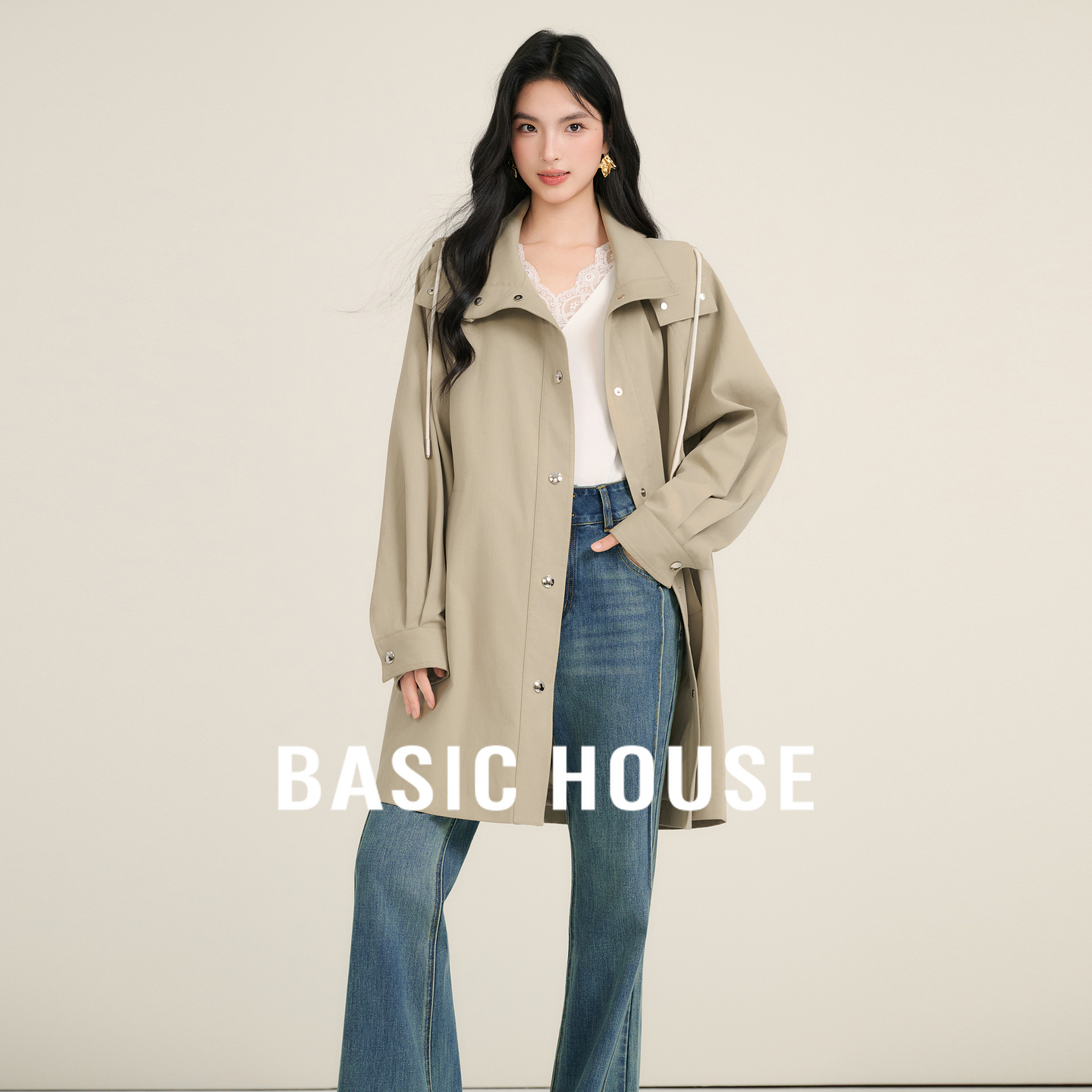 Basic House/百家好2025秋新款韩系宽松连帽风衣女休闲防风外套