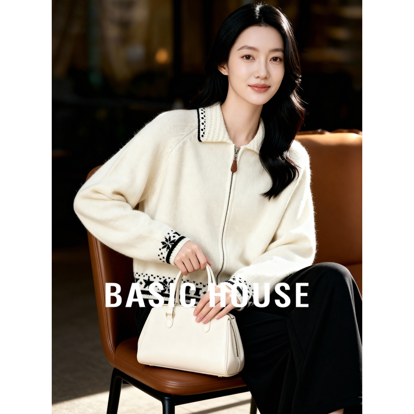 百家好复古提花翻领双拉链毛衣